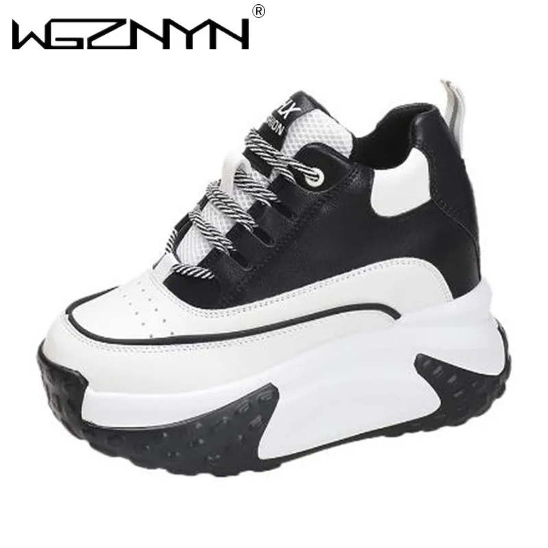 NEW Women Platform Breathable Leather Shoes Autumn Chunky Sneakers 10CM Wedge Hidden Heels Leisure Sports Casual Dad Shoes Woman