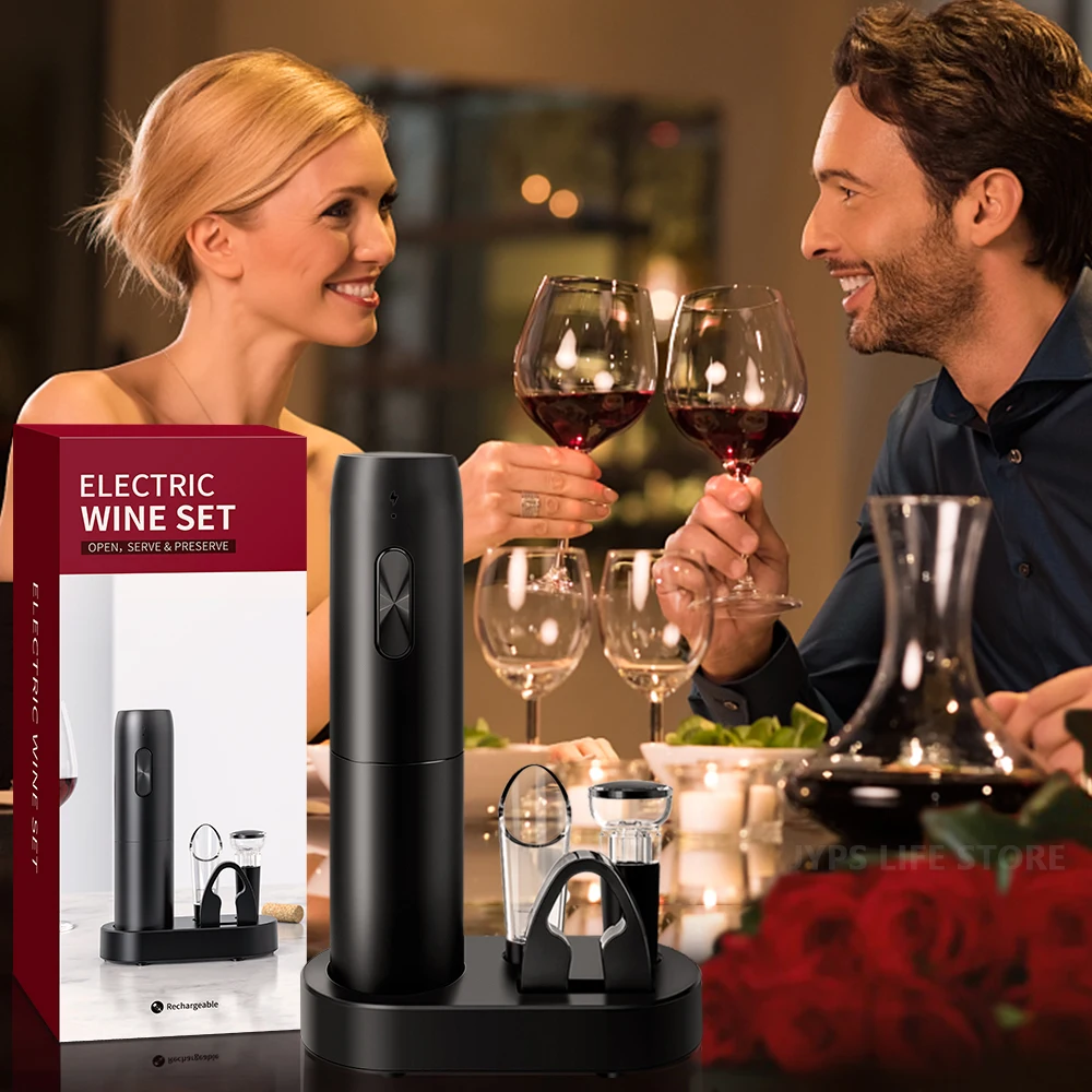 Electric Wine Opener Set with Charging Base Automatic Corkscrew with Aerator Pourer and Foil Cutter for Kitchen Bar Party Gifts