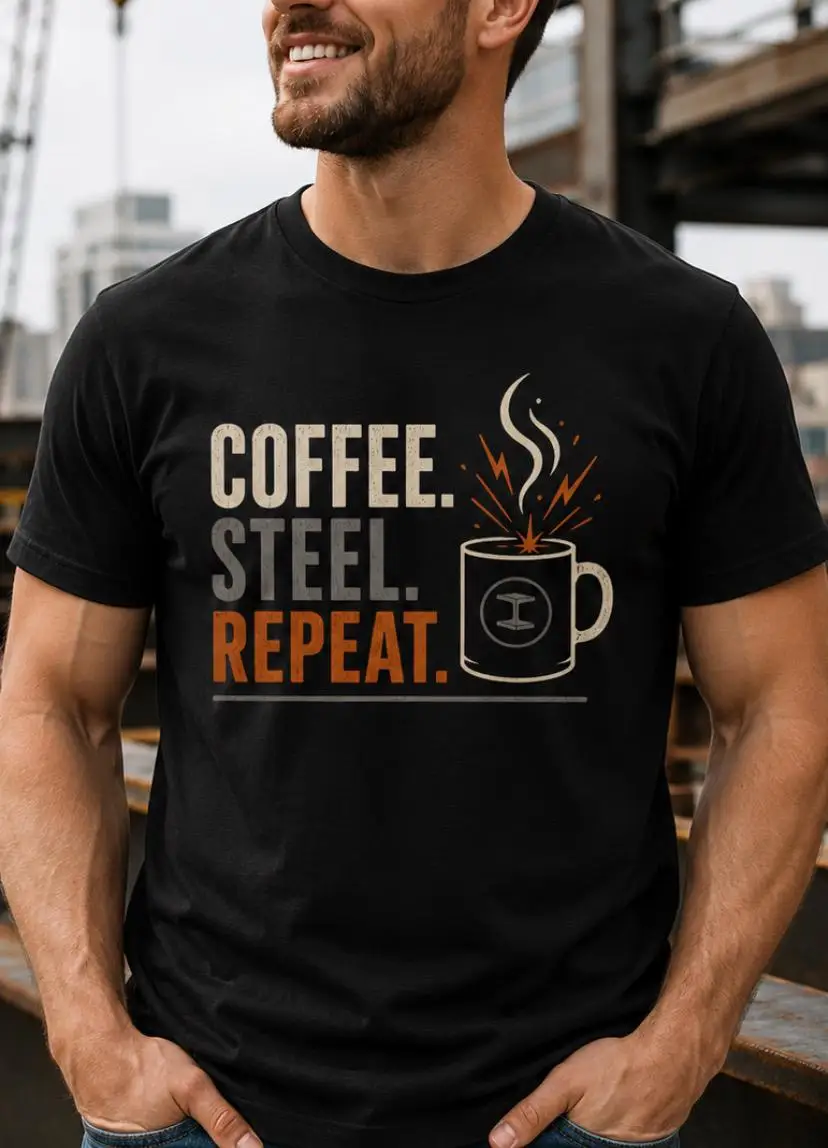 Coffee Steel Repeat Shirt, Funny Ironworker T-Shirt, Steel Worker Gift, Construction Worker Tee, Welder Shirt, Crane Operator