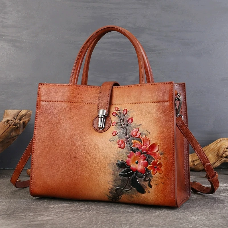 Floral Women Genuine Leather Handbag Retro Real Cow Leather Tote Bag Chinese Style Ladies Cowhide Shoulder or Cross-body Bags