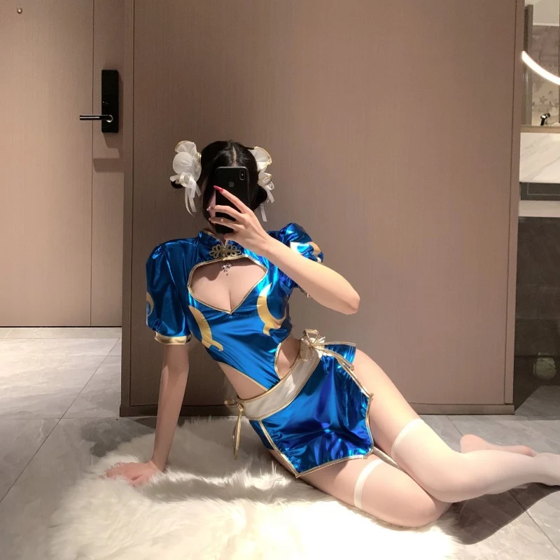 Damen Chun Li Cosplay Kostüm Street Fighter Charakter Blaues Satin-Outfit mit Haarknoten Halloween Spiel Rollenspiel Party Kostüm