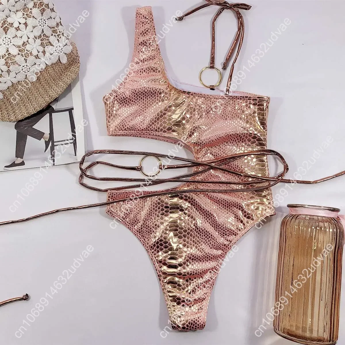 Snakeskin Print Bikini 2025 Chinese Snake Year Women Rave Sparkle Mentalic Set Bathing Suit One Piece Swimsuits High Elastic