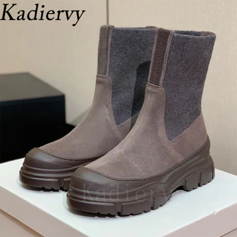 Thick Sole Motorcycle Boots Women Round Toe Slip-on String Bead Flat Platform Shoes Women Cow Suede Patchwork Short Boots Woman