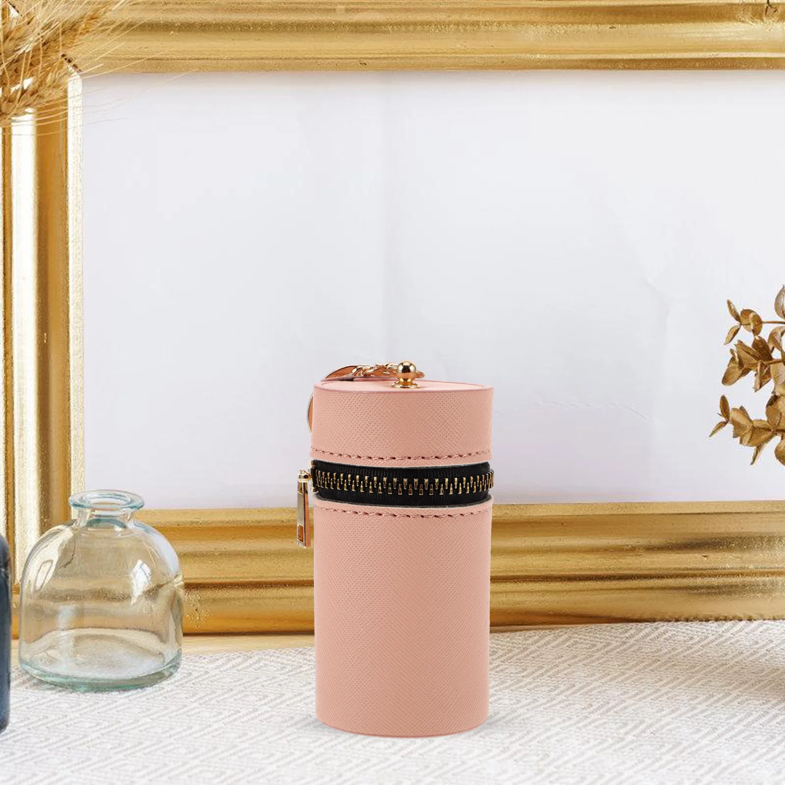 

PU Cylindrical Lipstick Case Keychain Portable Mini Coin Pouch Organizer Bag Delicate Zippered Decorative Holder