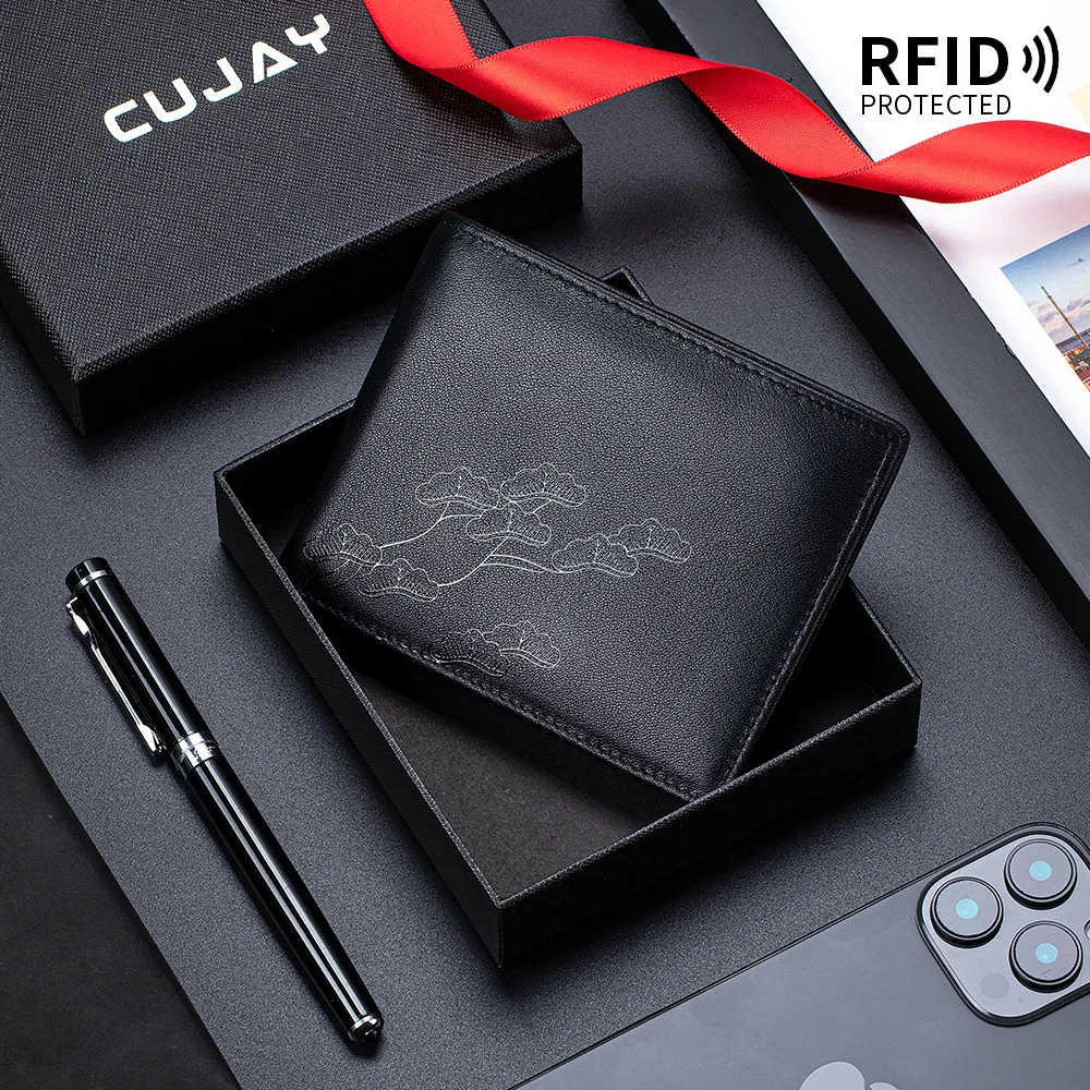

RFID-кошелек для мужчин из натуральной кожи, короткий кошелек-бифолд с дизайном «Благоприятное облако», тонкий кожаный кошелек для карт, carteira masculino