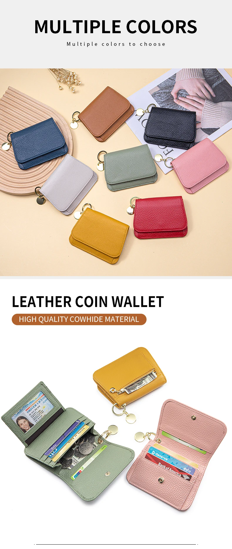 Slim Wallet for Women RFID Blocking Genuine Leather Ladies Keychain Wallet with Zipper Coin Pocket ID Window