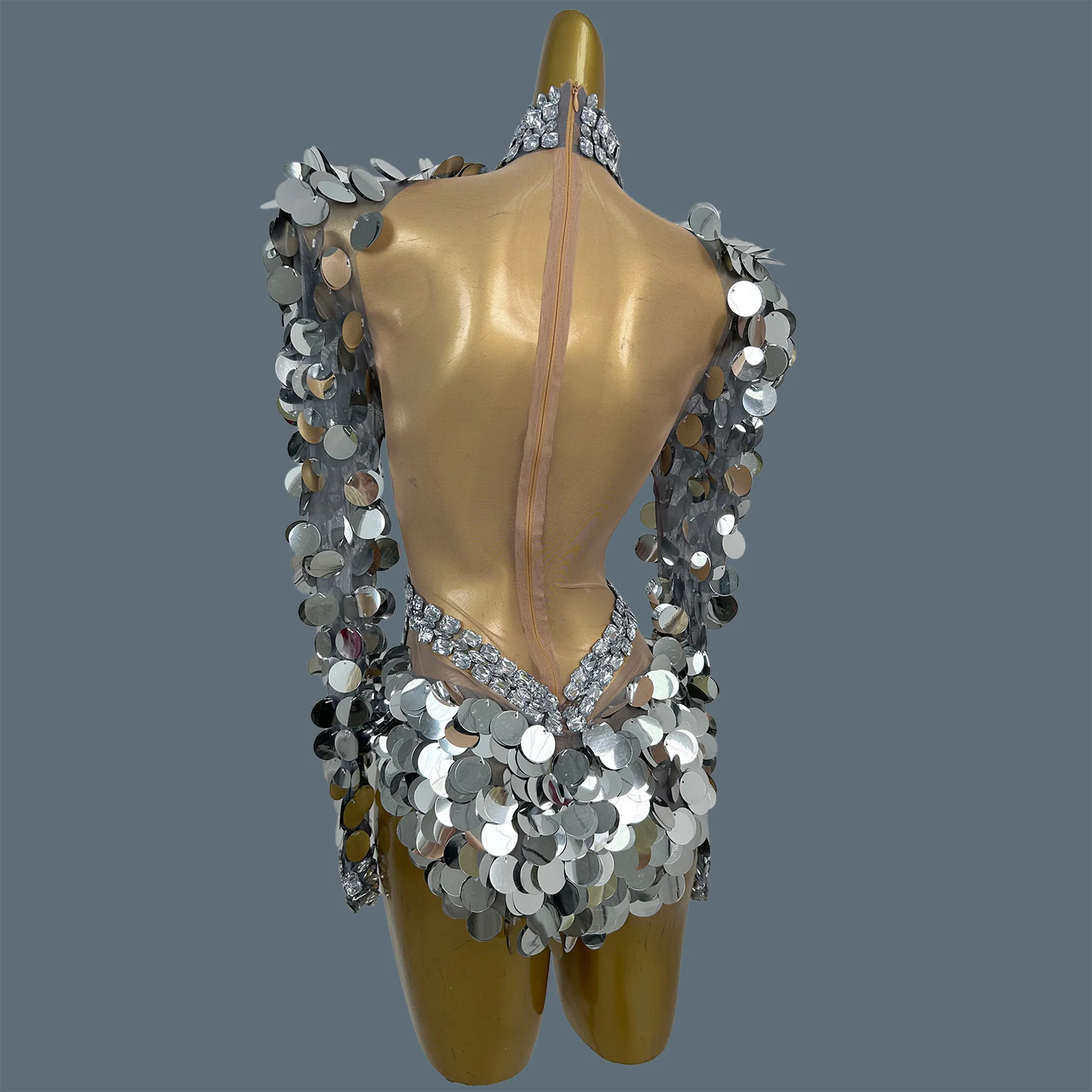 Women Choker Neck Large Silver Disc Sequin Bodysuit Vertical Rhinestone Mesh Cutout Backless Singer Stage Sexy Costume Shuiyue