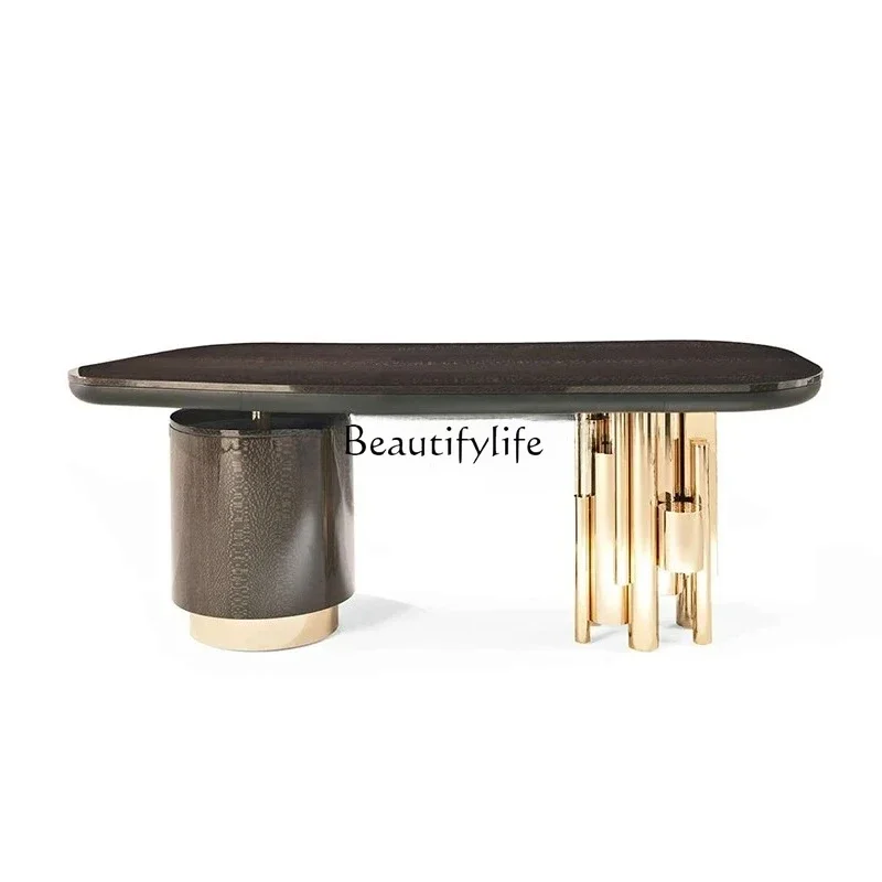 

Light luxury desk boss table, household stainless steel computer table designer high-end Italian minimalist desk