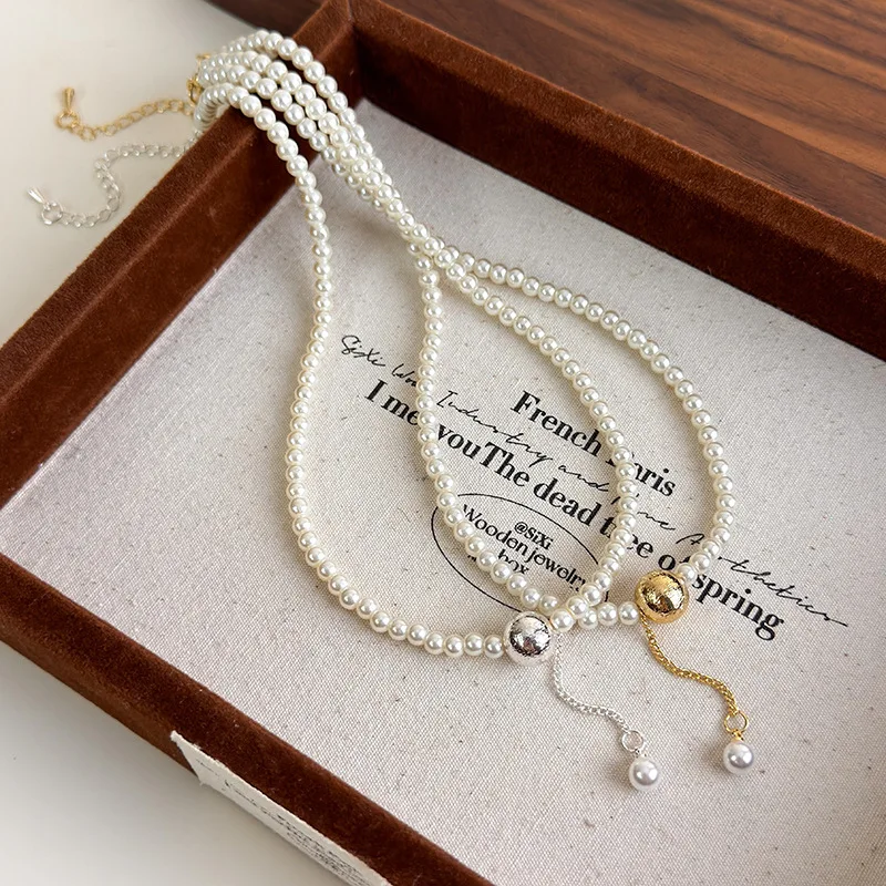 Premium Pearl Necklace Tassel Brushed Ball French Classic Fashionable Versatile Beaded Collarbone Choker Short Elegant Daily