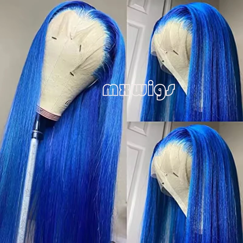 MXWIG Synthetic Hair Blue Color Straight Glueless  13X4 Lace Front Wig For Black Women Preplucked 26 