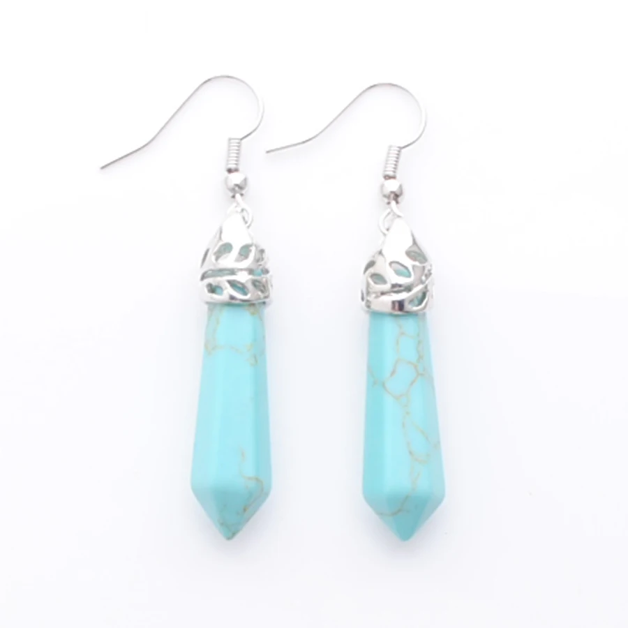 WOJIAER Hexagonal Prisms Dangle Earrings Turquoise GemStone Pointed Reiki Chakra Trend Eardrop Jewelry R3073