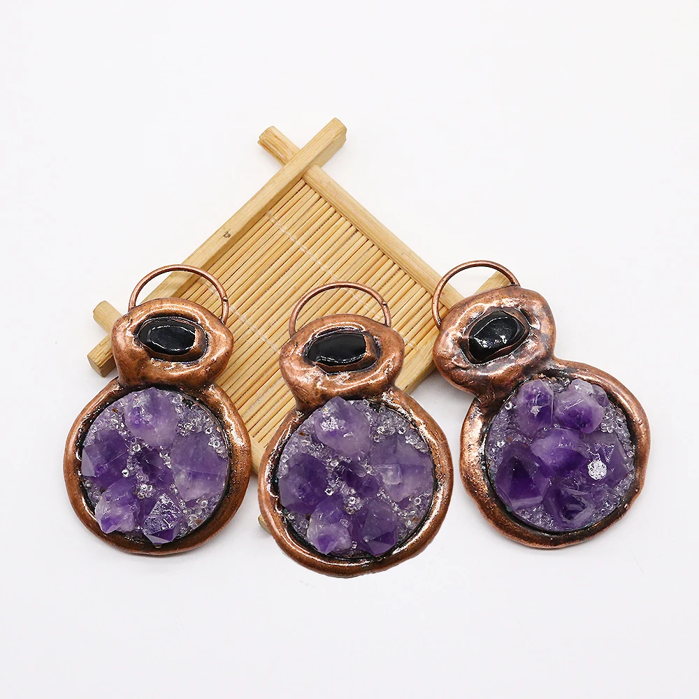 Natural Stone Amethyst Bronze-Coloured Pendant Raw Purple Crystal Charms for Jewelry Making DIY Necklace Vintage Copper Jewelry