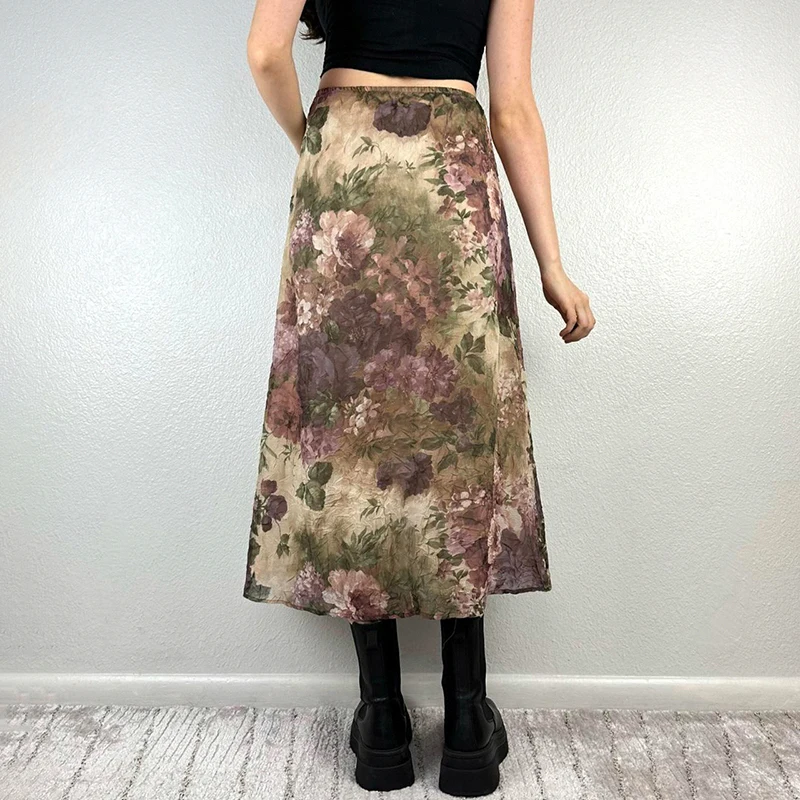 CIBBAR Contrast Floral Print Long Skirt y2k Vintage Low Rise Cute Coquette Midi Skirts for Women Harajuku Ladies Bottoms Casual