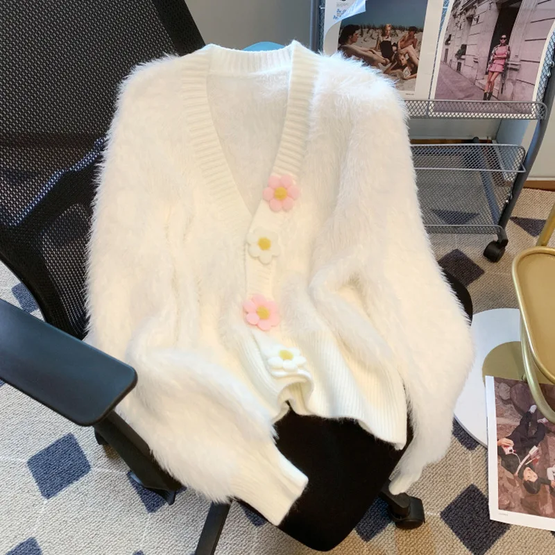 

Korean Version Spring and Autumn Knitted Cardigan Imitation Mink Fur Sweater Sweet Candy Color Flower Temperament Top