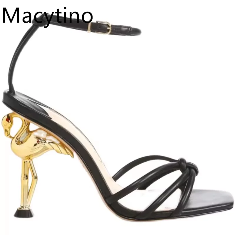 Novelty Flamingo Heel Sandals Women Sexy Narrow Band Genuine Leather Ankle Strap Banquet Shoes Summer