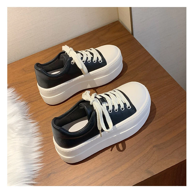 Neue schwarze klobige Plateauschuhe für Damen, Schnür-Sneaker aus Kunstleder, höhenvergrößernde Turnschuhe für Teenager-Mädchen, Damenschuhe für alle Jahreszeiten – Detail 33
