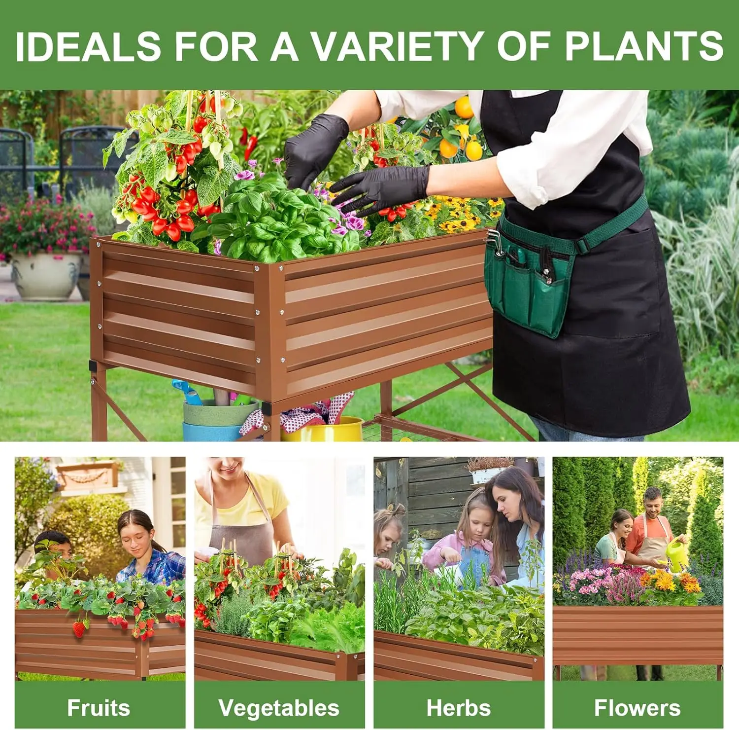 収納棚と保護ライナー付きの高床式プランターボックス