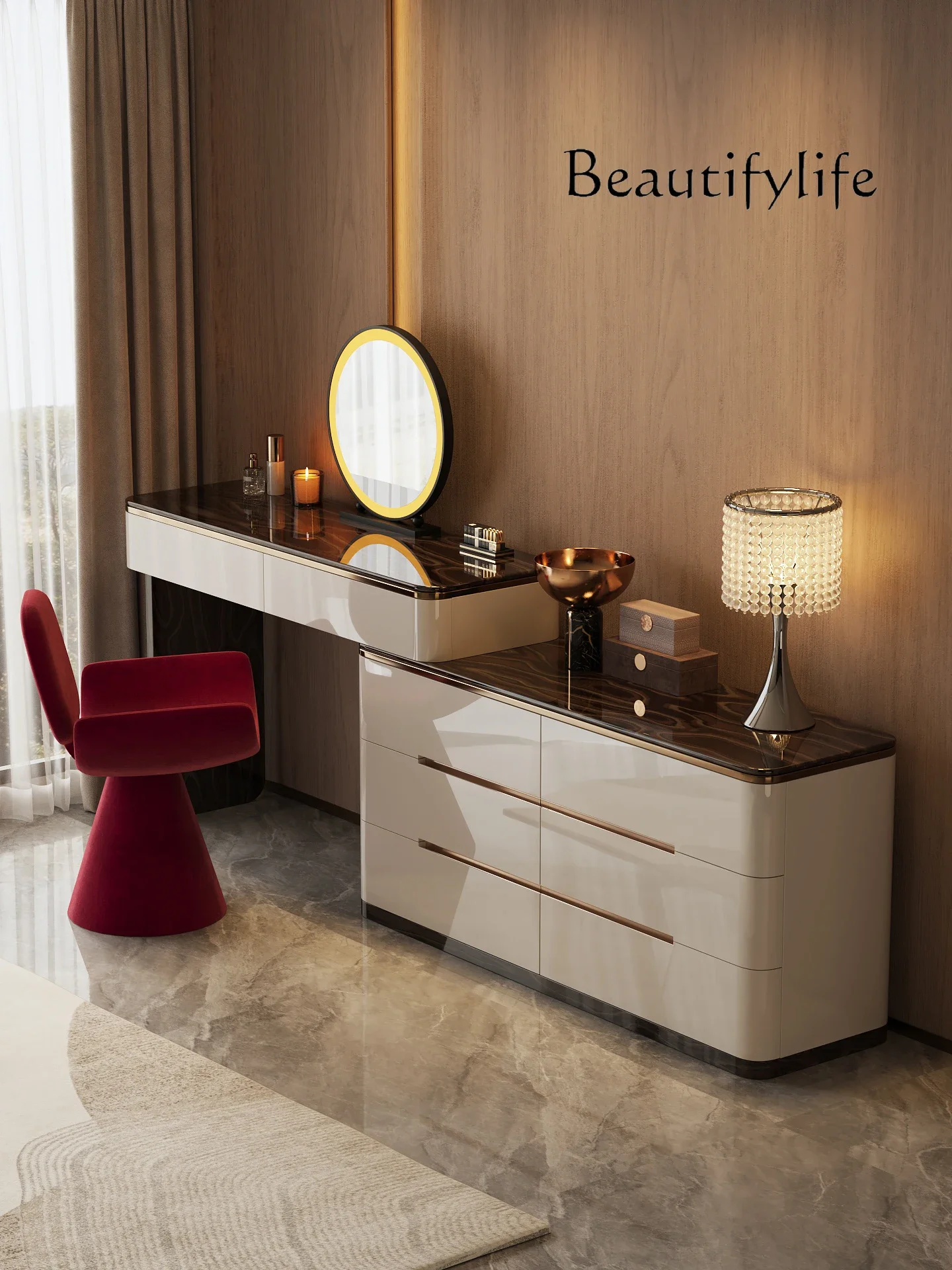 

G Современный простой светильник для спальни, роскошный высококачественный столик для макияжа из цельного дерева, комод для хранения, встроенный комод