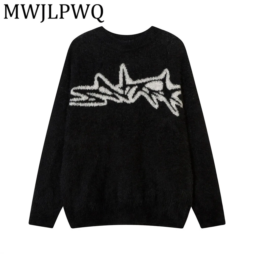 

MWJLPWQ American Style Letter Jacquard Round Neck Sweater Men's Loose Street Style Long Sleeve Casual Pullover Tops Autumn 21878