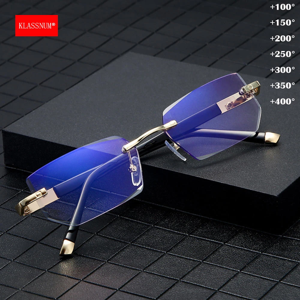 KLASSNUM Men Magnifing Reading Glasses Rimless Cut Edge Lens Presbyopic Glasses Anti Blue Light Presbyopia Clear Lens Glasses +