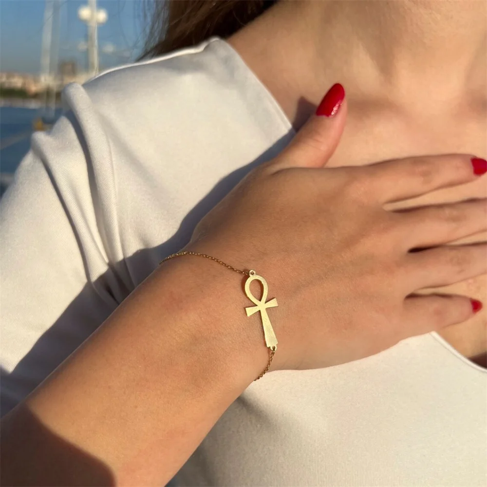 Minimalist Ancient Egypt Ankh Bracelet for Women Gold Color Stainless Steel Cross Wrist Chain Bangle Vintage Egyptian Jewelry