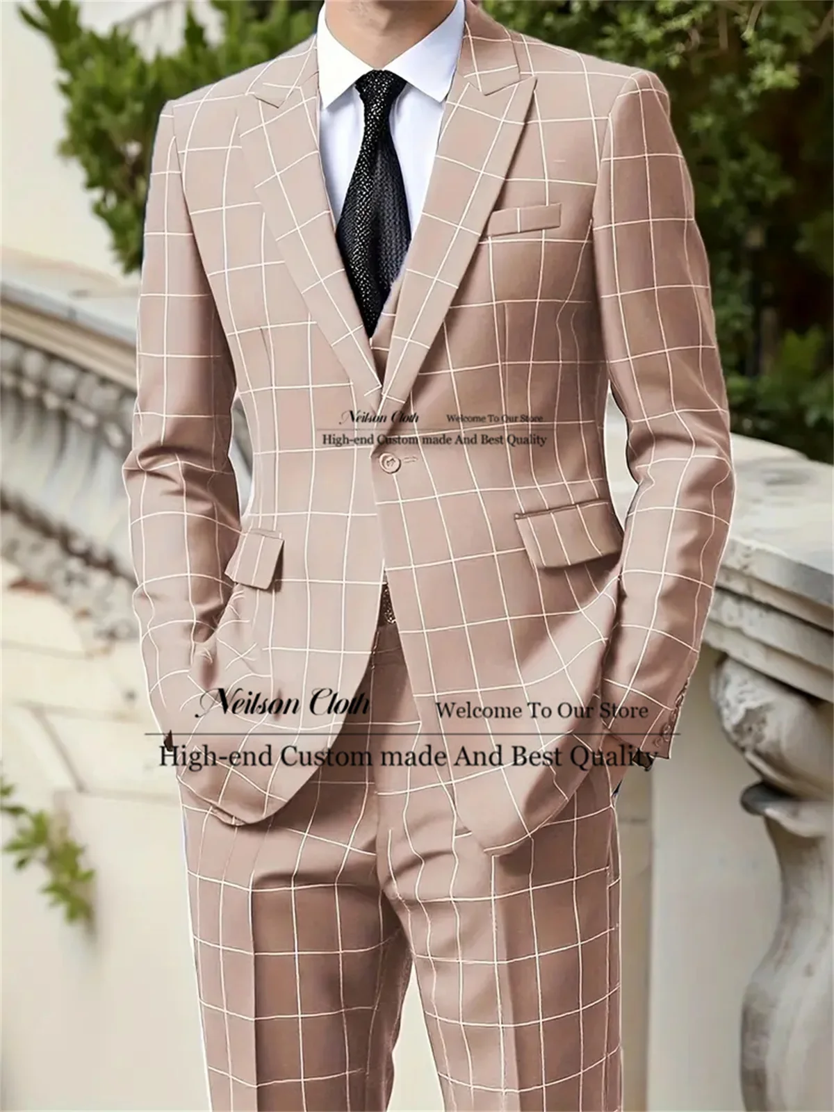 

Business Men Suits Plaid Male Prom Blazers 2 Pcs Sets Peaked Lapel Groom Wedding Tuxedos Groomsmen Customized Costume Homme