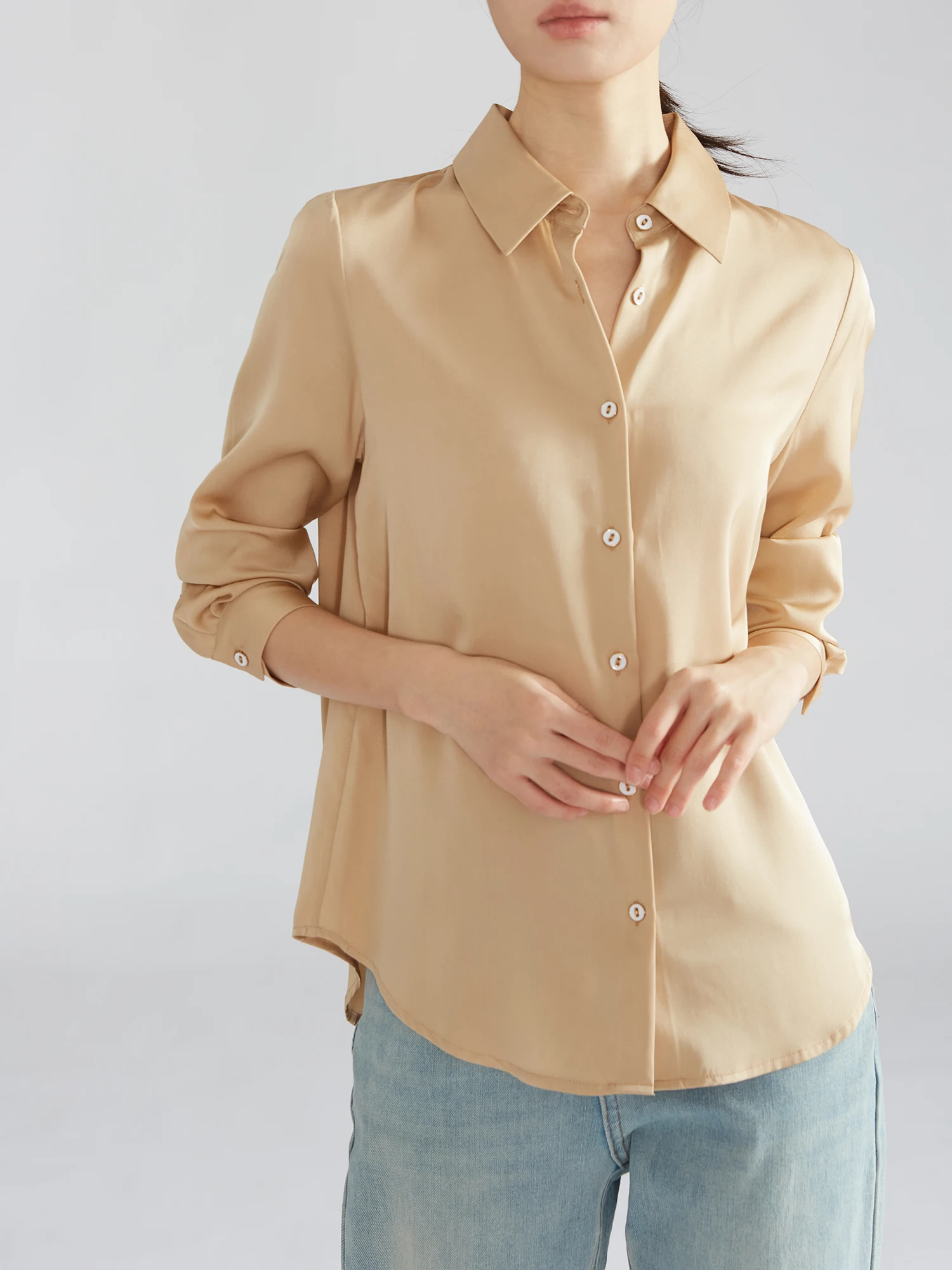 

Spring 2025 22MM Mulberry Silk Women's Elegant Blouses Qiao Satin Luxury Designer Clothing Intellectual Women's long sleeve top
