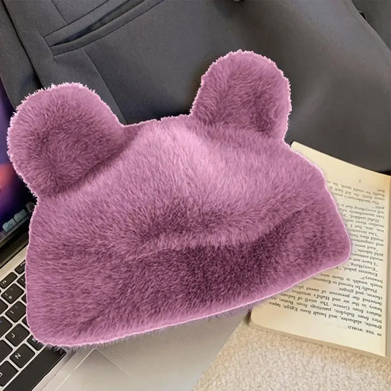 39BD Cartoon Bear Ear Hat for Female Winter Beanie Cap InsStyle Causal Headwear Skull Hat Female Photoshooting Props Bonnet