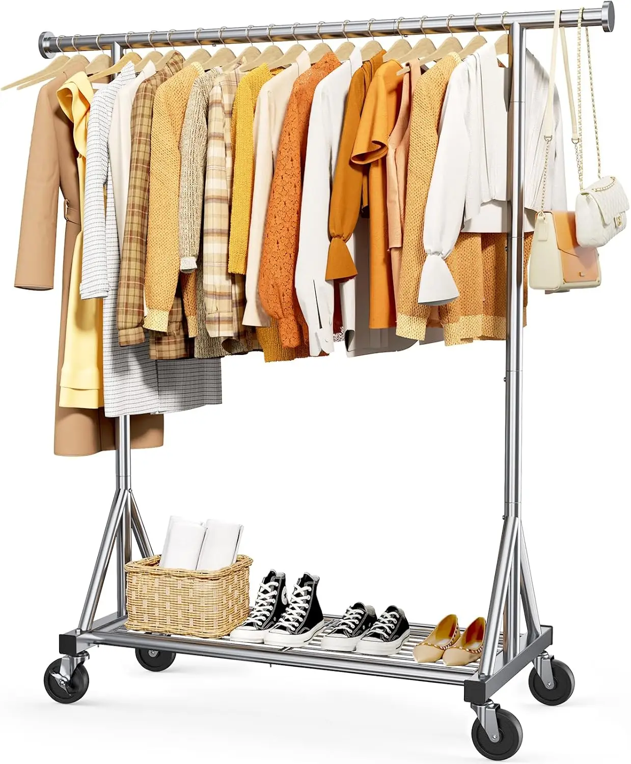 

Heavy Duty Stainless Steel Rolling Clothes Rack with Mesh Shelf, Lockable Wheels & Anti-Slip Stoppers, Large Capacity Clothin