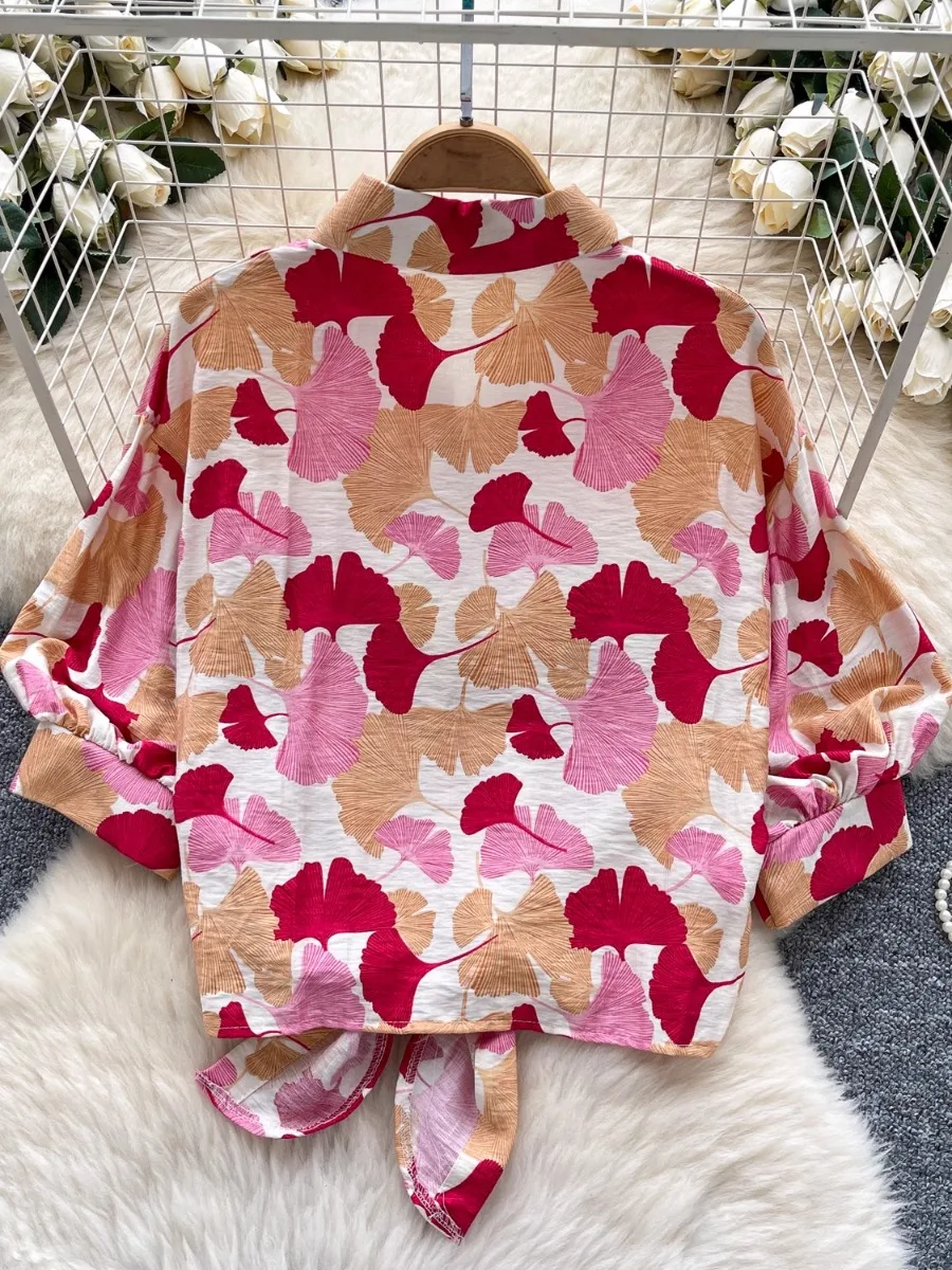 Foamlina Cross Tie Up Taille Afslankende bedrukte blouse Dames zomer nieuwe chique lantaarnmouwen van hoge kwaliteit shirt top