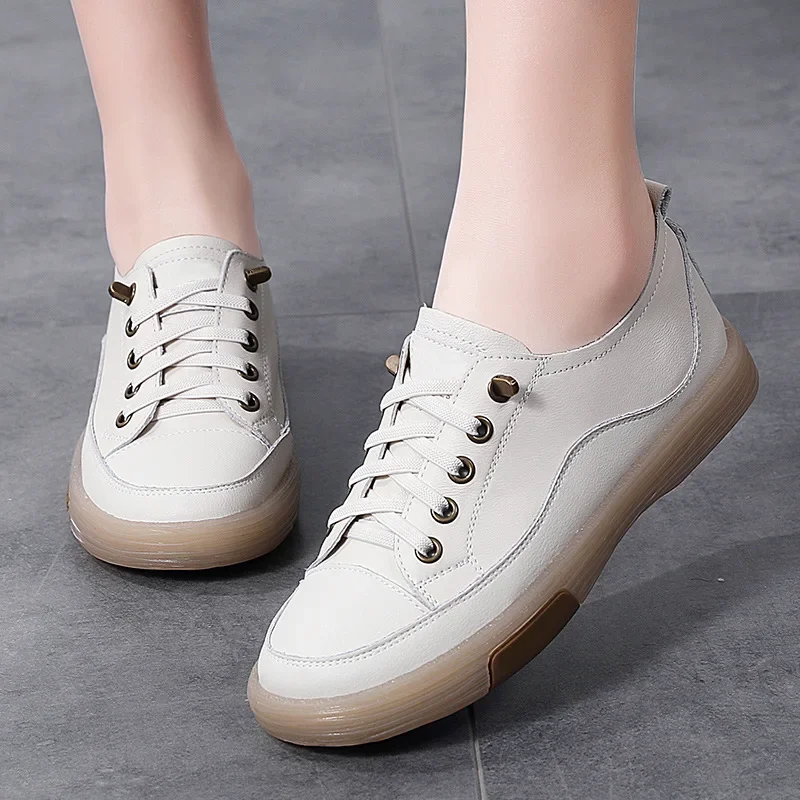 Genuine Leather Women Soft Sole Walking Shoes Girl Student Jooging Sneaker White Black Flats Female Casual Skate Trainers Summer image 3