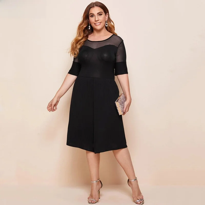 

R'L Sexy Lace Panel Jumpsuit Loose ort Sve Wide Leg One-Piece Suit Casual Commute Sle Midi Waist Bal Mod Fiber