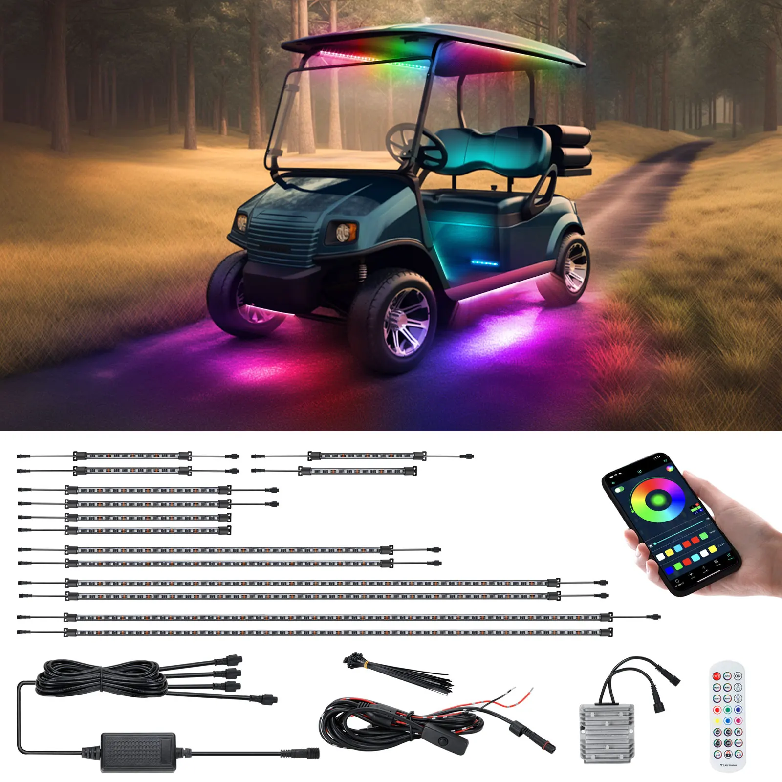 Roykaw Golf Cart Underglow LED Strip Lights Accent Neon Lighting Kit for EZGO Yamaha Club Car, Waterproof/Sync to Music - 14 PCS