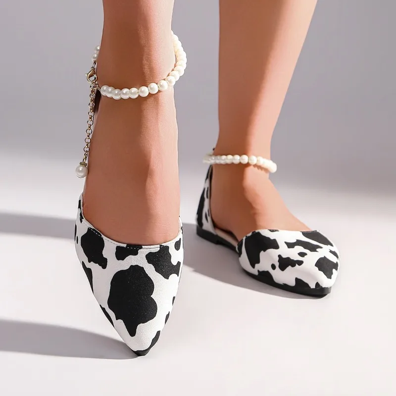 Unique Cow Pattern Flats Women's Sexy Pointed Toe Ankle Buckle Designer Shoes Comfortable Elegant Party Dress Shoes