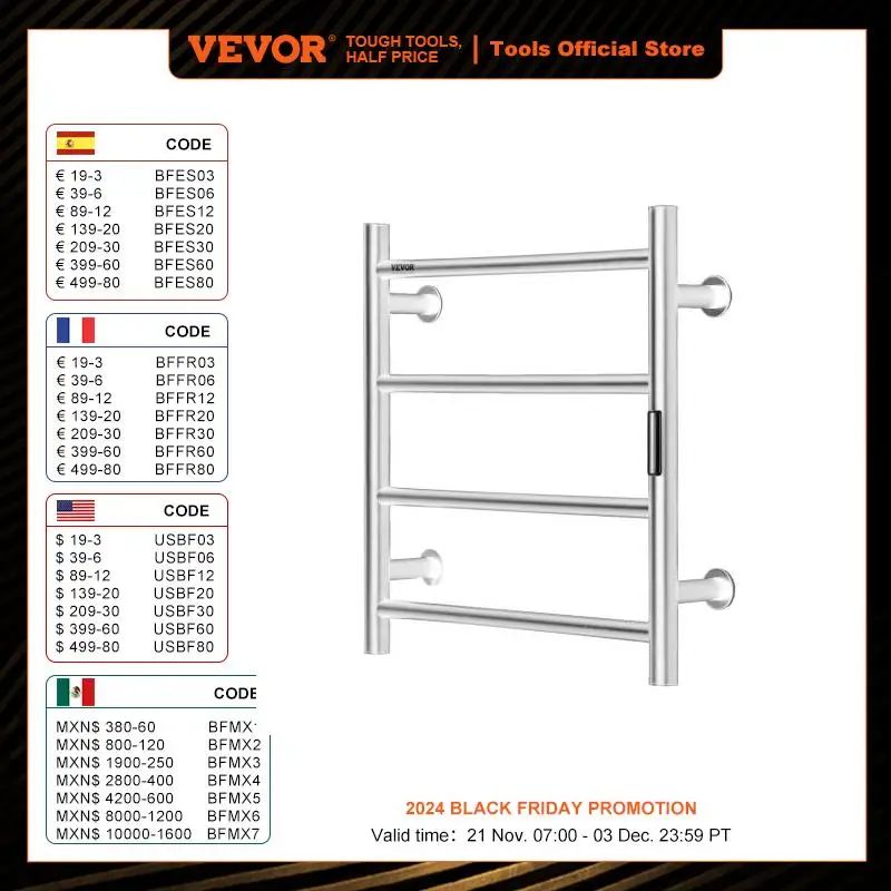 VEVOR 4/6/8/10 Bars Towel Warmer Rack Wall Mounted Heated Towel for Bathroom IPX5 Waterpoof 5 Levels Temperature Towel Heater