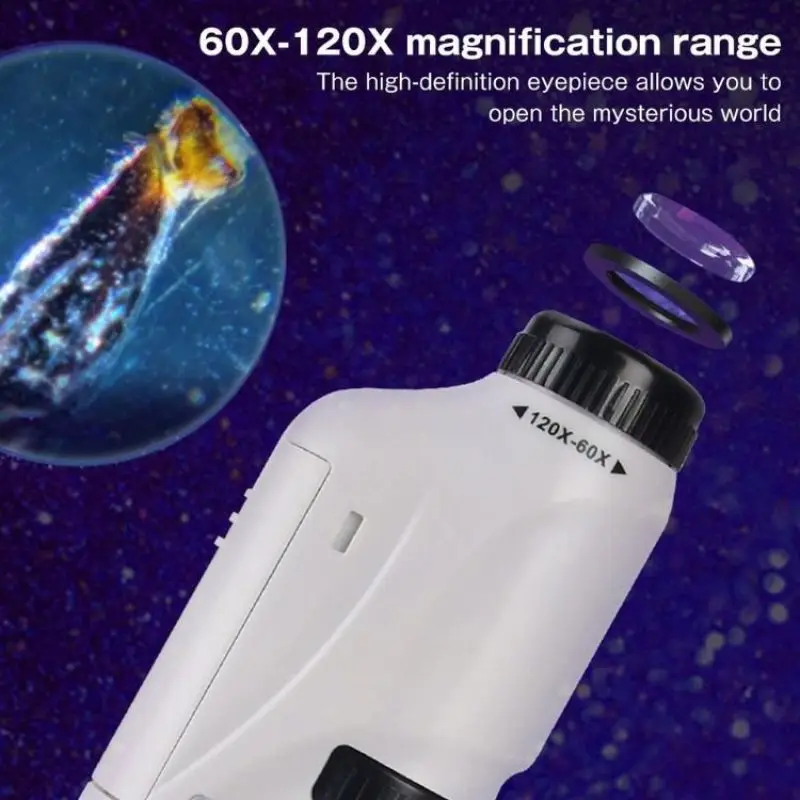 

60-120x Mini Handheld Microscope Kit Pocket Microscope With LED Light Home School Biological Science Educational for Children