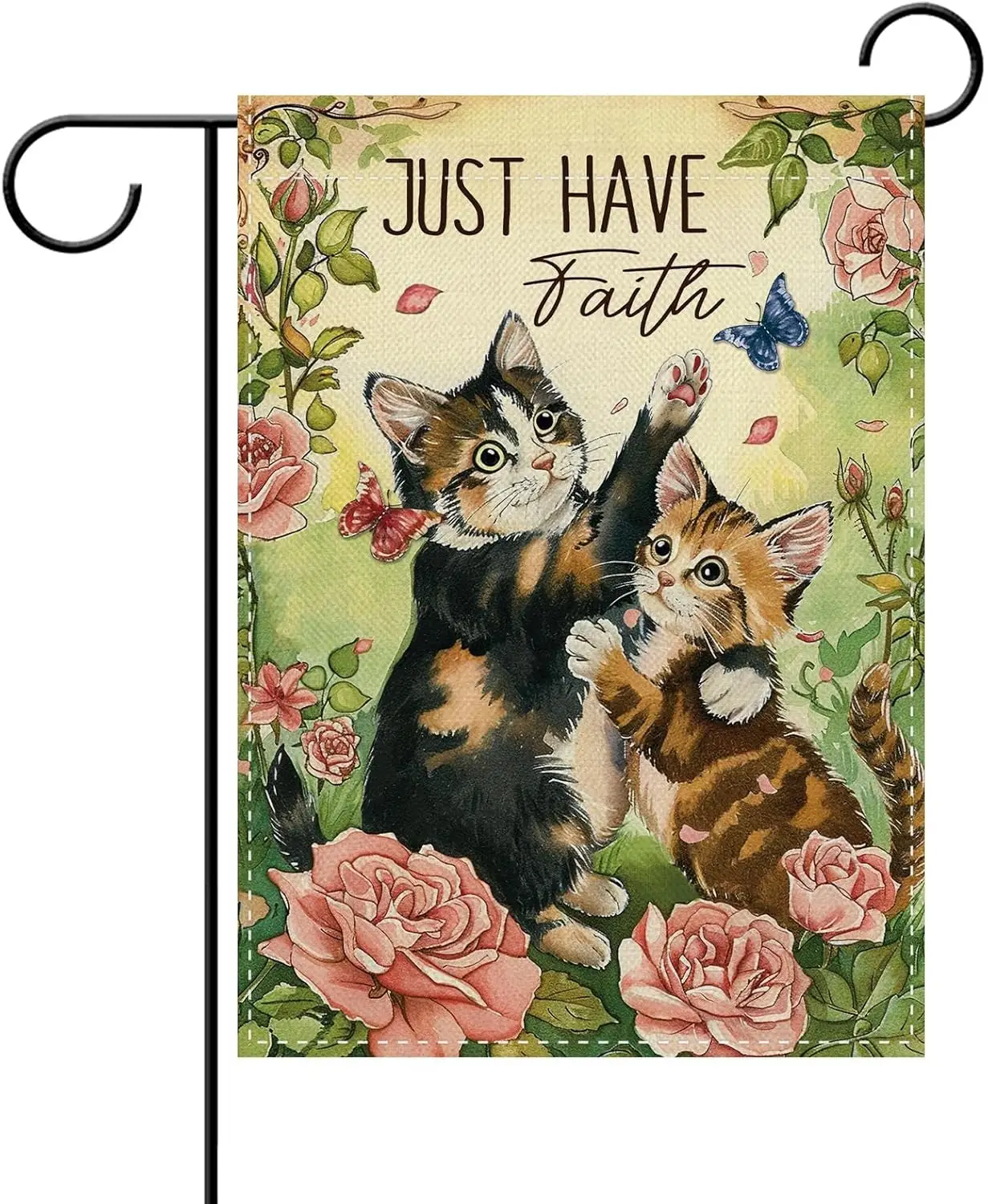 Dyrenson Inspirational Cat Floral Decorative Garden Flag, Christian Just Have Faith Pet Rose Flower Yard Outside Home Decora PPZ