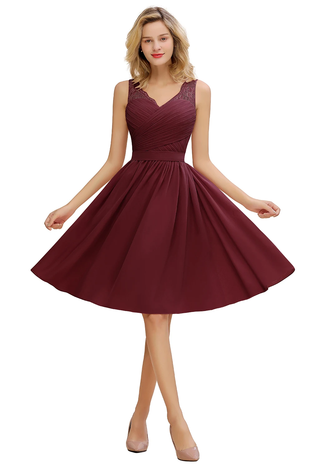 Burgundy Chiffon Lace Bridesmaid Dresses Pleat V Neck Short Formal Wedding Evening Party Prom Gown For Bride Cocktail Vestidos