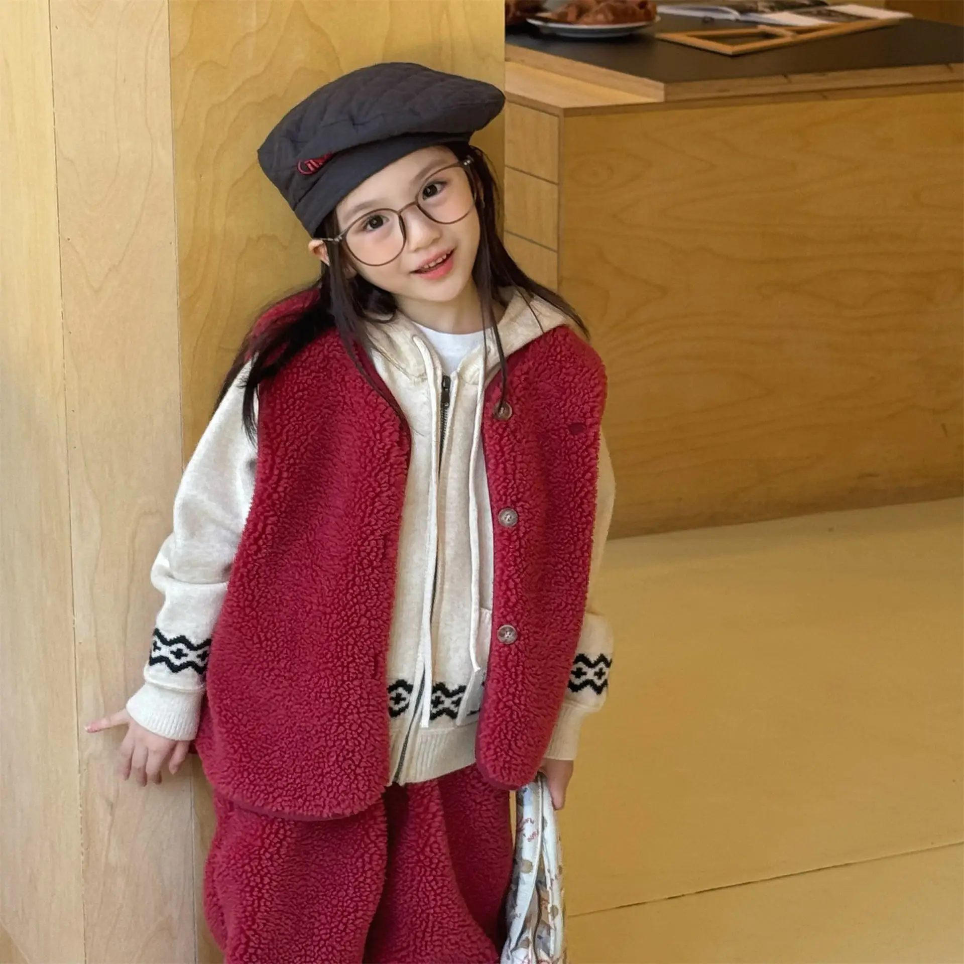 

2025 Winter New Children Sleeveless Warm Set Boys Girls Lamb Fleece Vest Coat + Pants 2pcs Suit Plus Velvet Thick Kids Outfits