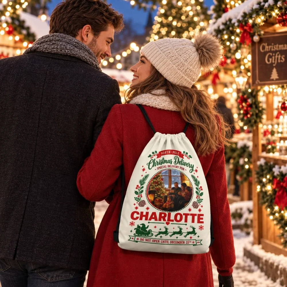1Pc Christmas Theme Custom Name/Text and Photo Drawstring Closure Backpack, Christmas Gift Storage Pouch, Xmas Party Candy Bag