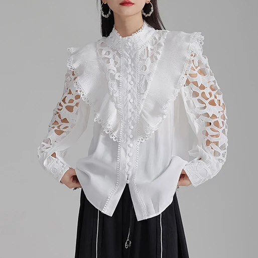 French Embroidered Hollow Out Shirt Female 2024 Spring Korean Chic Blouse O-neck Slim Chic Stand-up Collar Tops Women Blusas