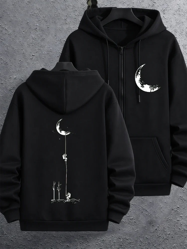 Moletom masculino com capuz e zíper, estampa gráfica de astronauta e lua, fleece quente para o inverno, roupa esportiva atlética, moletom folgado para