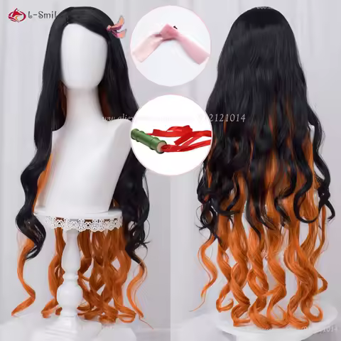 Anime Kamado Nezuko Cosplay Wig 100CM Black Gradient Brown Yellow Cruly Wigs Heat Resistant Synthetic Hair Halloween + Wig Cap