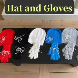 Japanese Ins Pearl Bow Split Finger Gloves women Pearl Pendant Hat Sets Korea fashion Macaron Rabbit Fur Winter Warm beanies hat