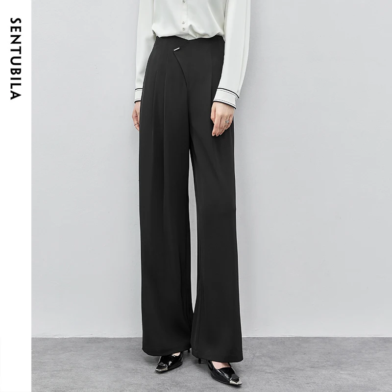 SENTUBILA Straight Full Length Pant For Women 2025 Autumn High Waist Loose Metal Button Solid Folds Long Women Trouers 143K55798