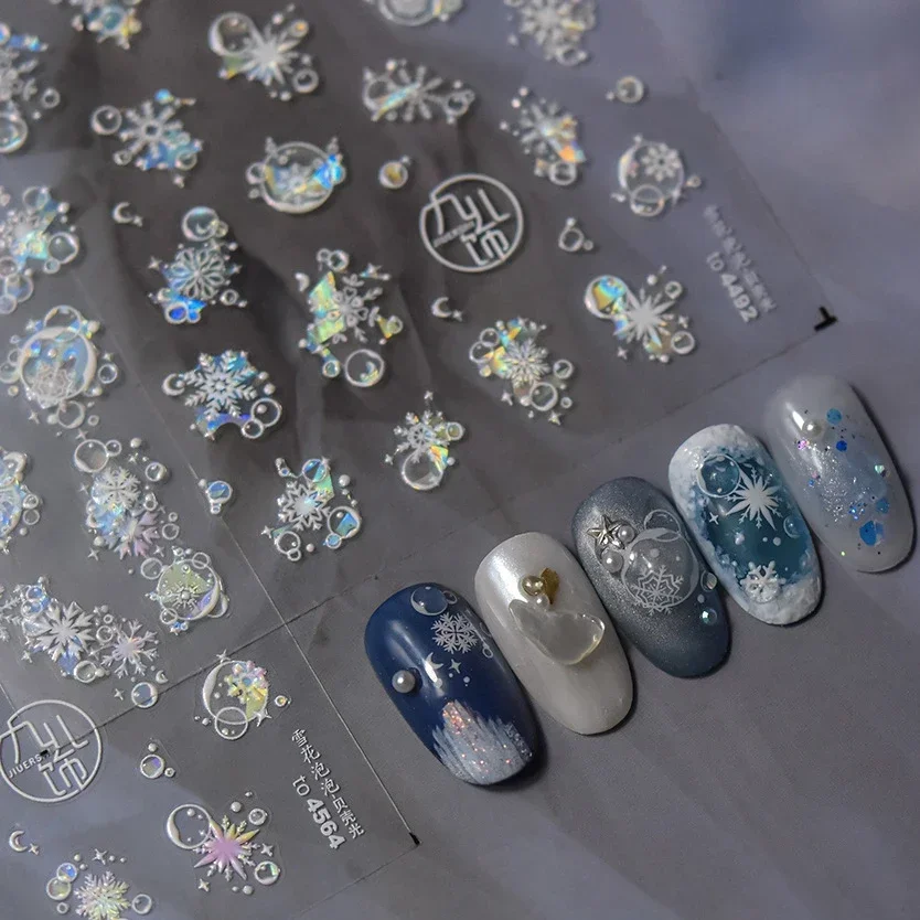 Sparkle Glitter Water Bubbles White Pink Blue Gold Snowflakes Winter 5D Self Adhesive Nail Art Sticker Rhinestone Manicure Decal