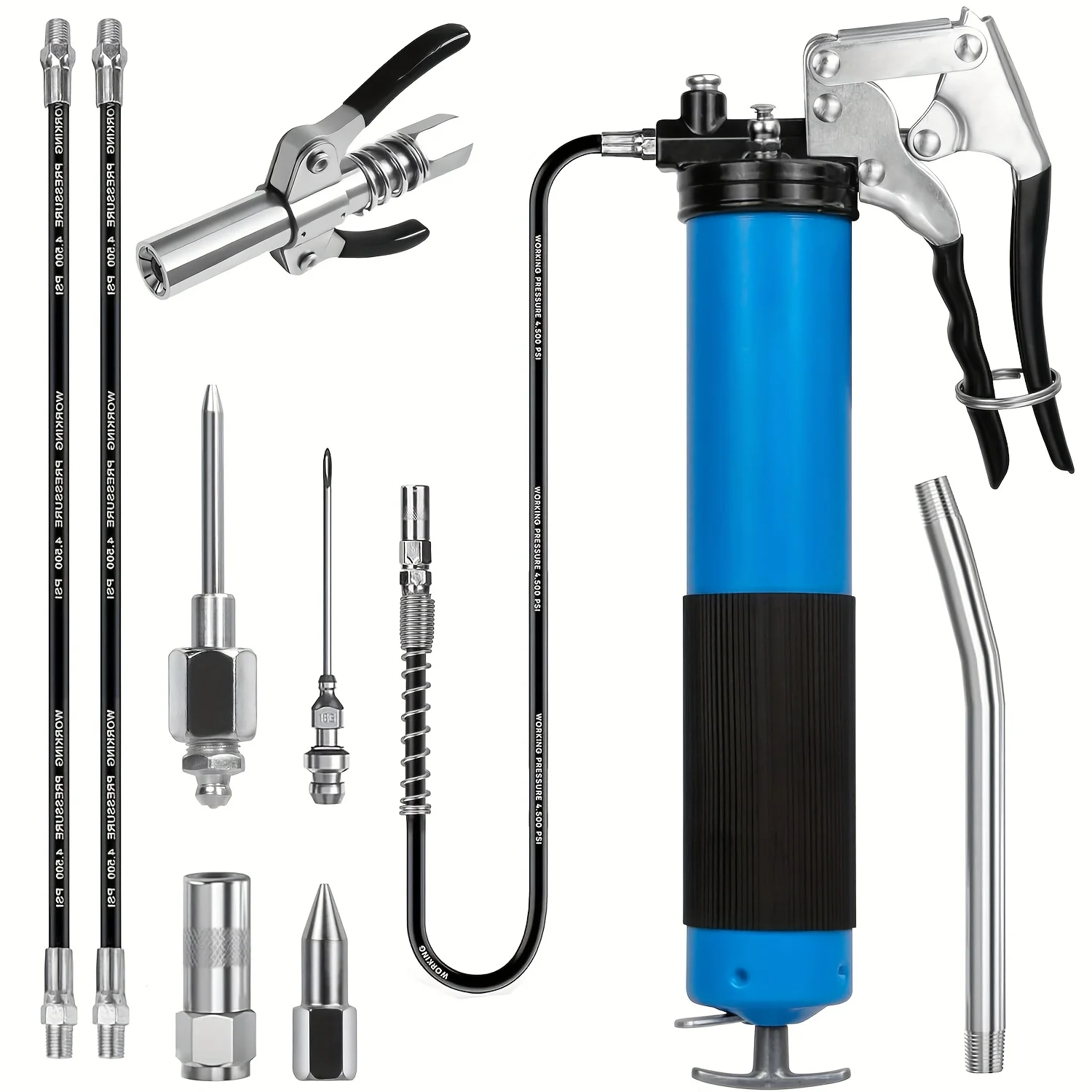 

Grease Gun Kit,7000 PSI Heavy Duty Grease Gun with Lock Coupler,18"Spring Flex Hose,Standard Hose,Grease Injector,Needle,Coupler