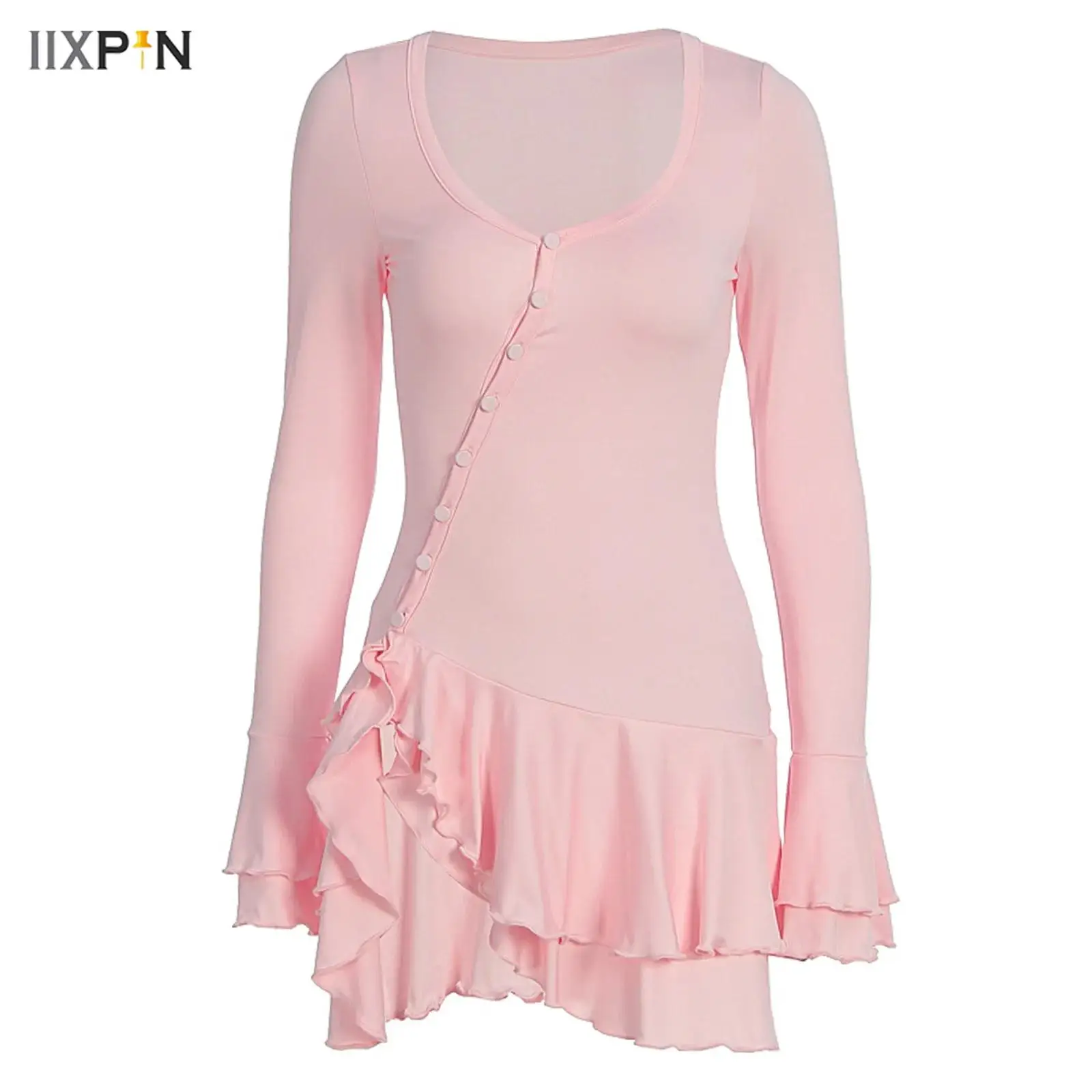 

Womens Girls Dress Low Neckline Front Slant Button-down Long Sleeves Flared Cuffs Tiered Ruffled Hem Mini Dress Casual Clothing