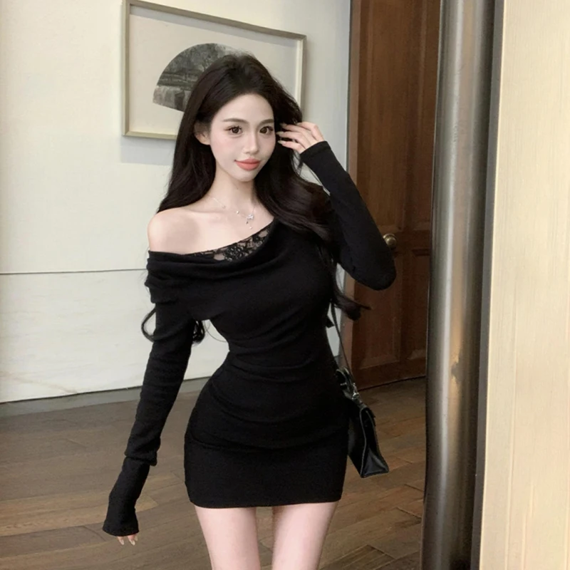 Sloping Shoulde Lace Stitching Fake Two-piece Sexy Daily Black Dress For Women