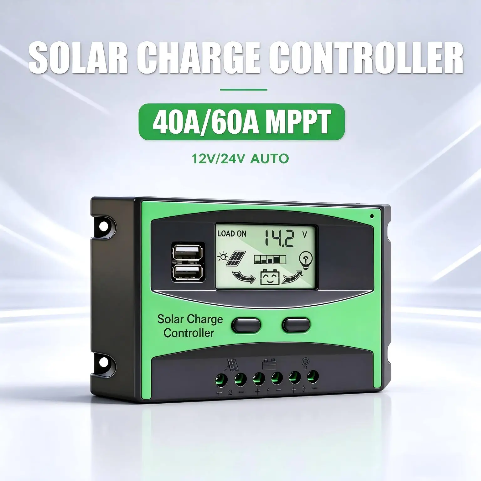 40A/60A MPPT Solar Charge Controller, 12V 24V Auto Voltage Solar Regulator, LCD Screen Dual USB Port Solar Panel Charger with Load Output, Multiple Protection for Marine RV Home Off Grid Solar Power
